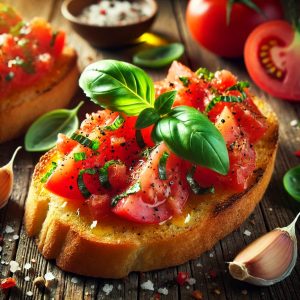 Bruschetta, featuring toasted bread topped with a vibrant tomato mixture