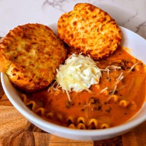 Savory Italian lasagna soup with creamy tomato sauce and mozzarella cheese.
