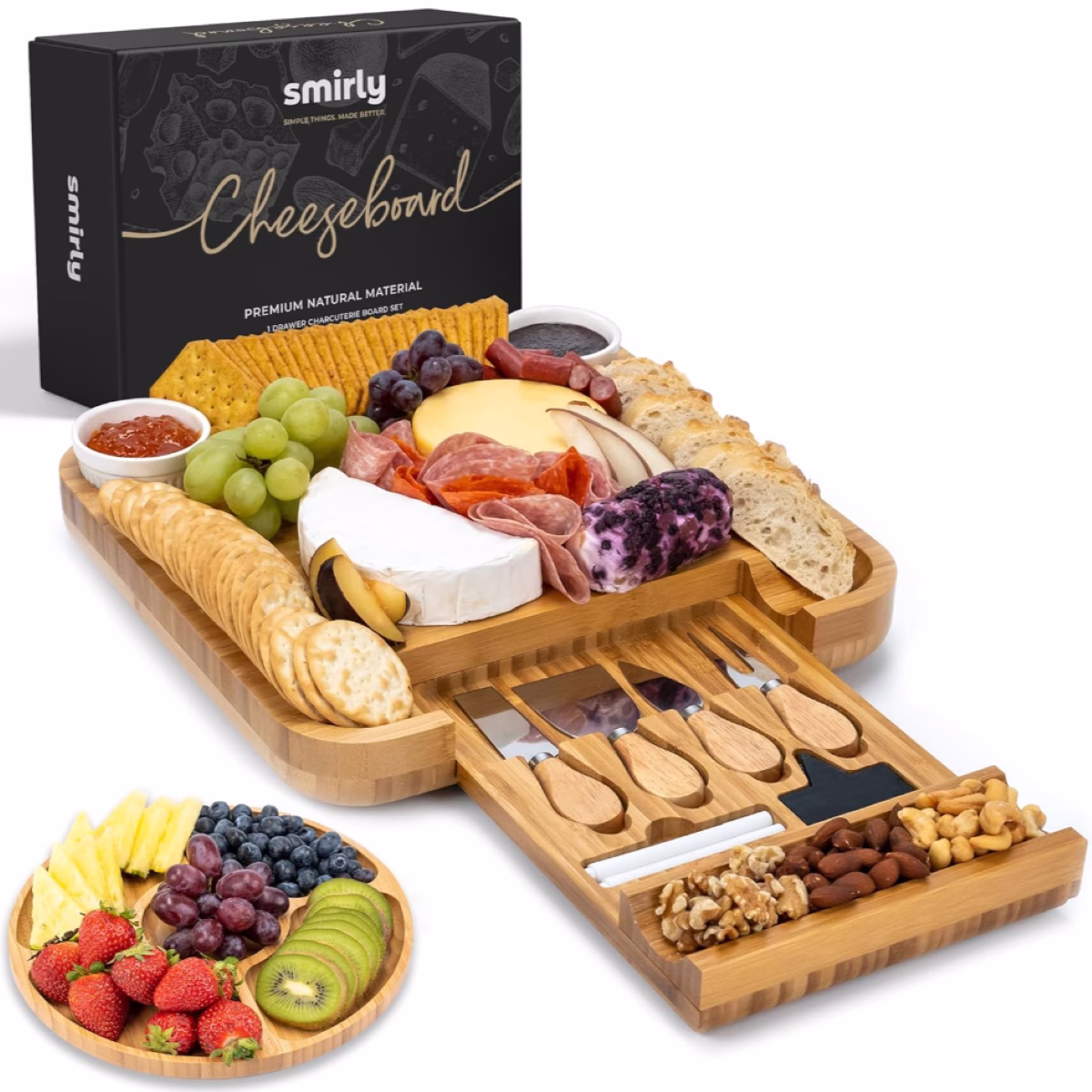 Smily bamboo cheese board with fruit and crackers