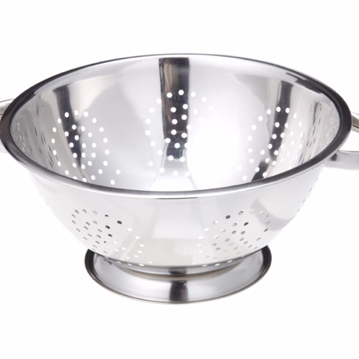 A stainless steel colander with holes on the side