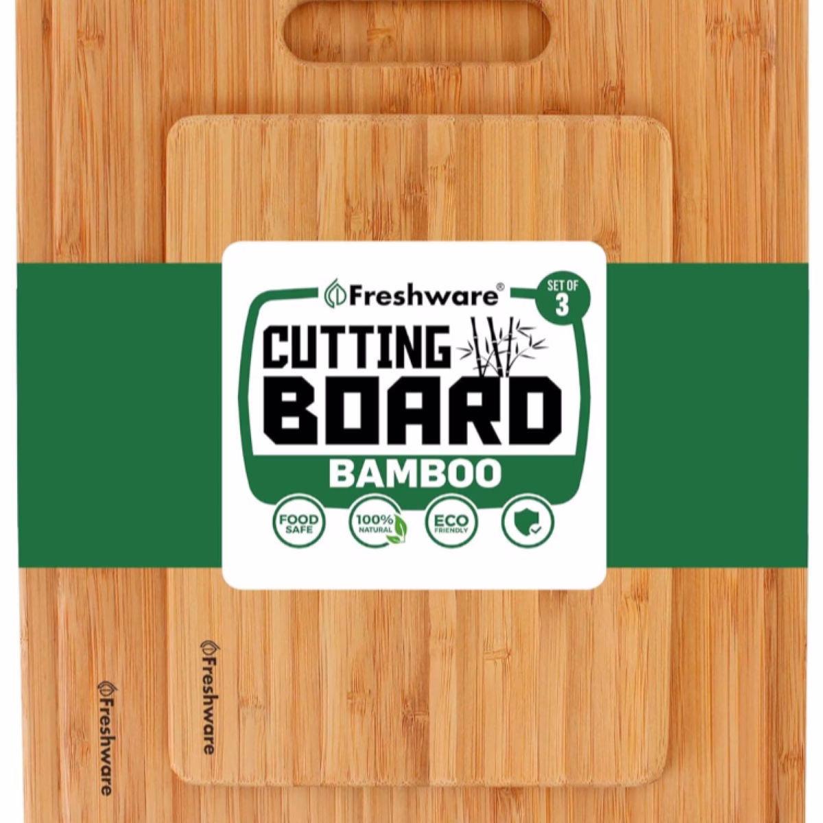 Cutting board with bamboo handle and green label