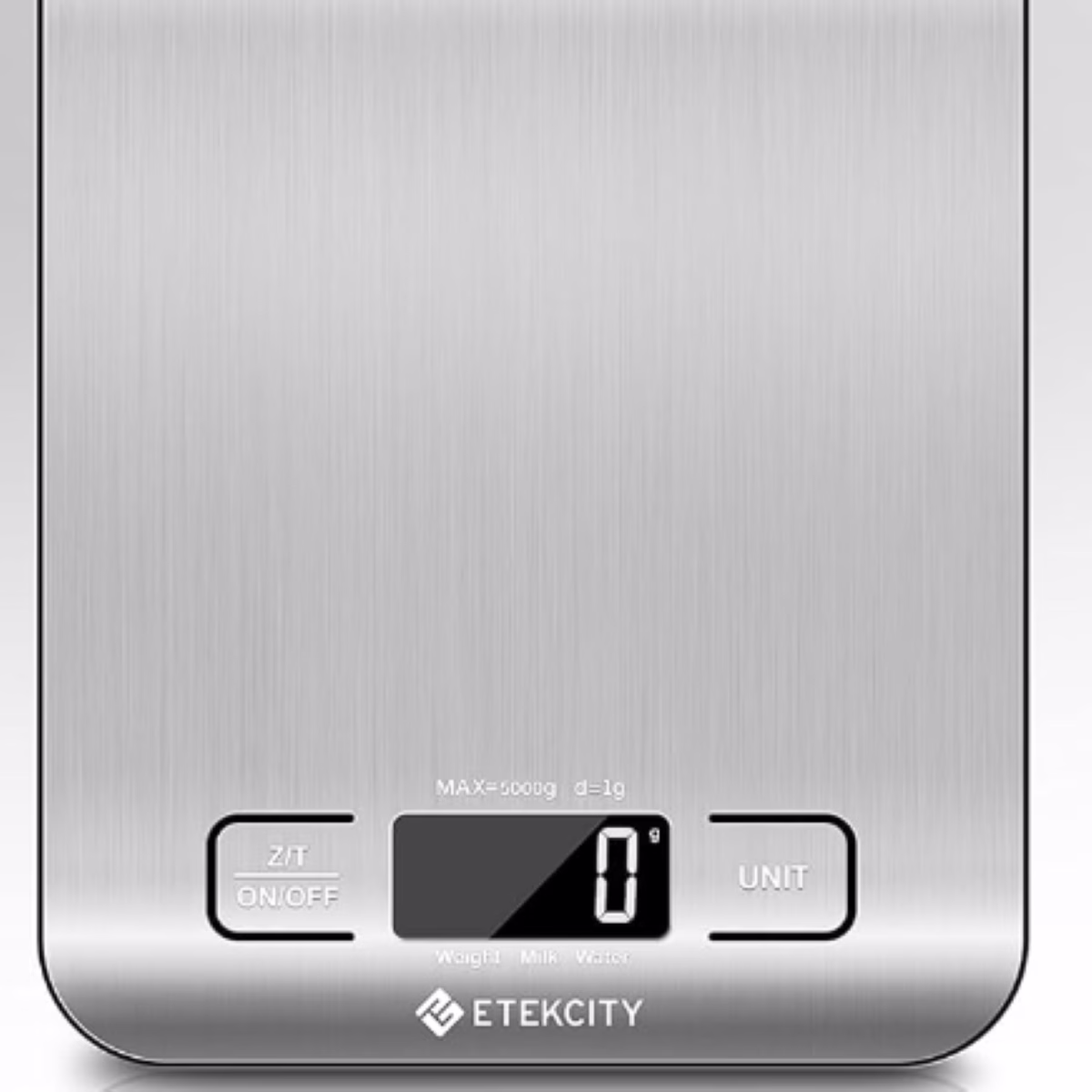 A stainless steel scale with the words