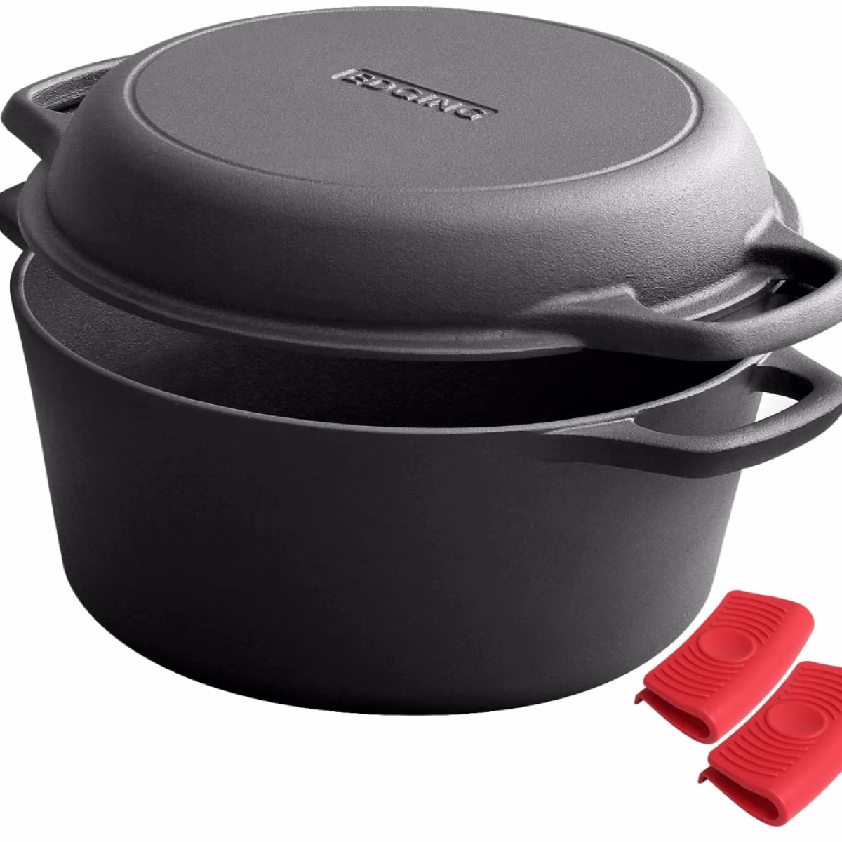 A black dutch oven with lid and two red handles