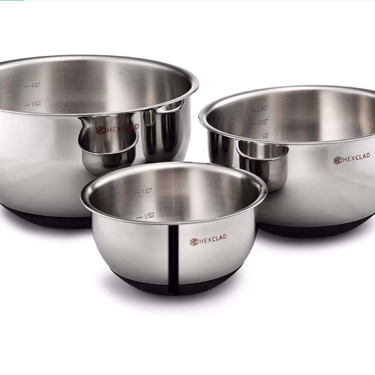 Three stainless steel mixing bowls on a white background