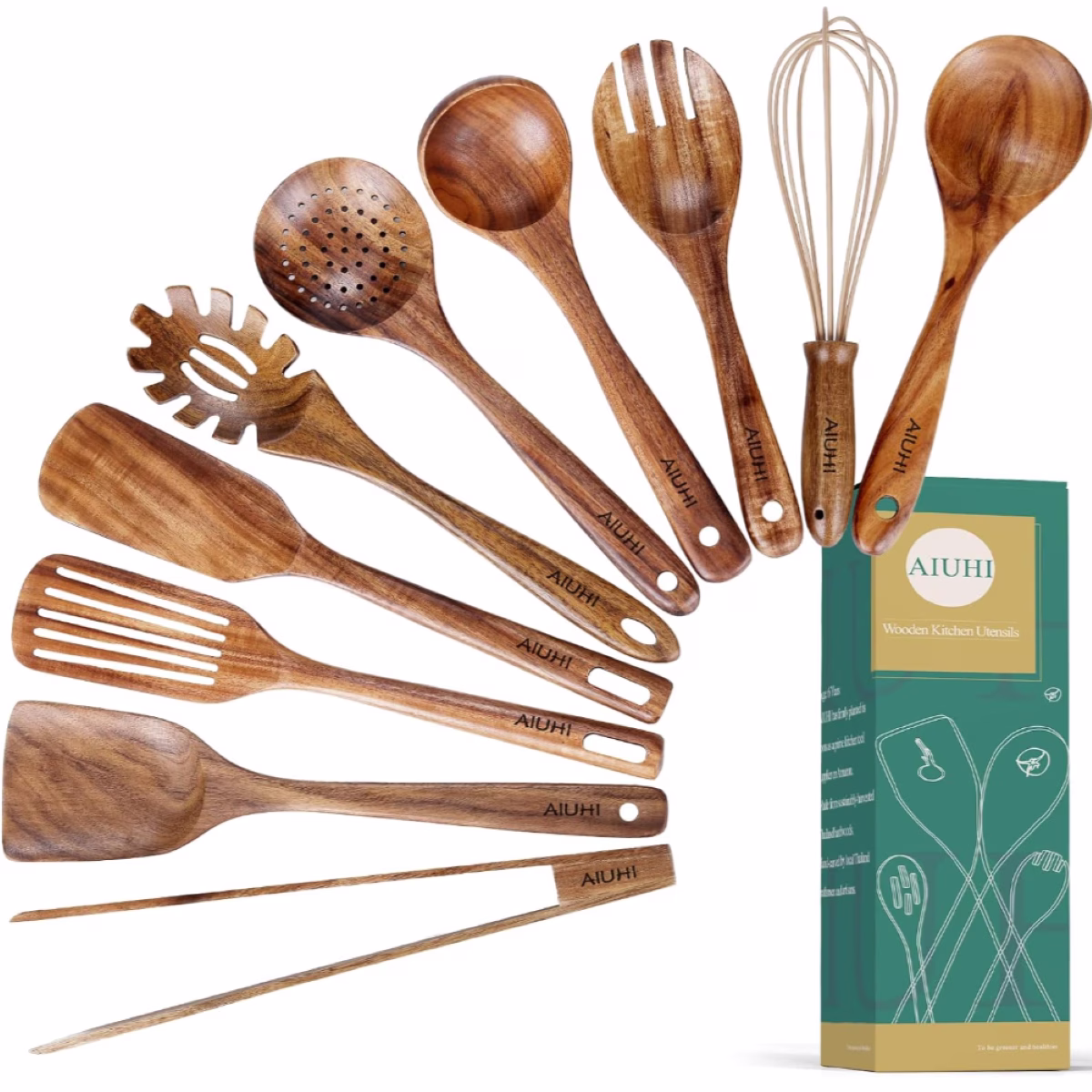 A set of wooden kitchen utensils