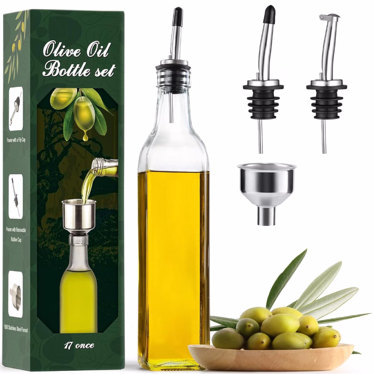 Olive oil bottle set with olive oil, olive oil bottle, olive oil bottle stopper