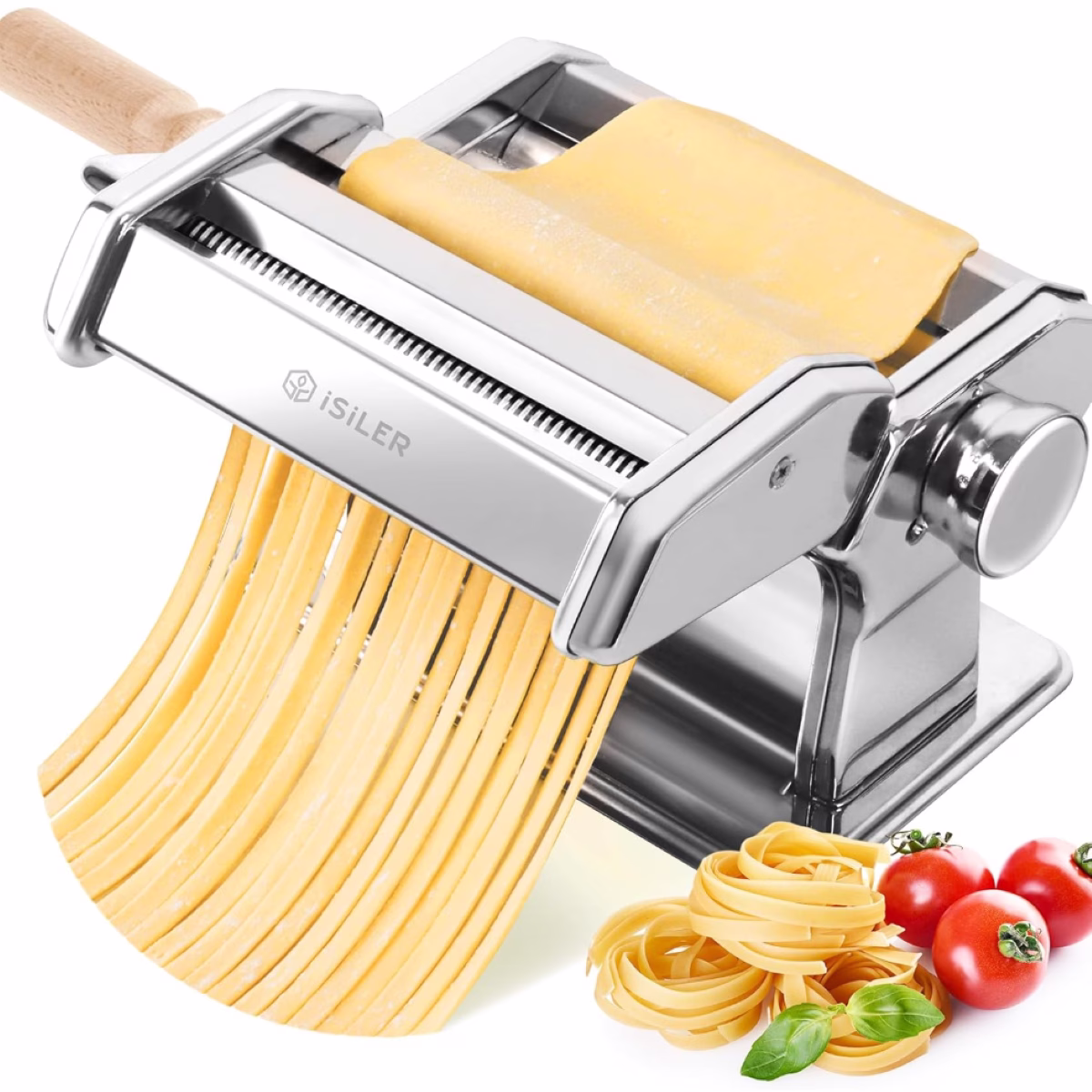 A pasta maker with a wooden handle and a tomato