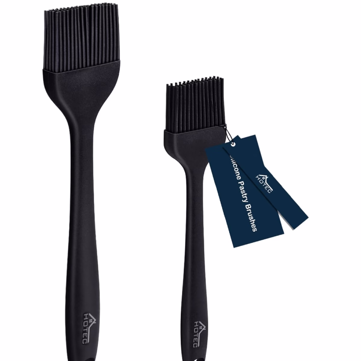 Two black pastry brushes with tags on them