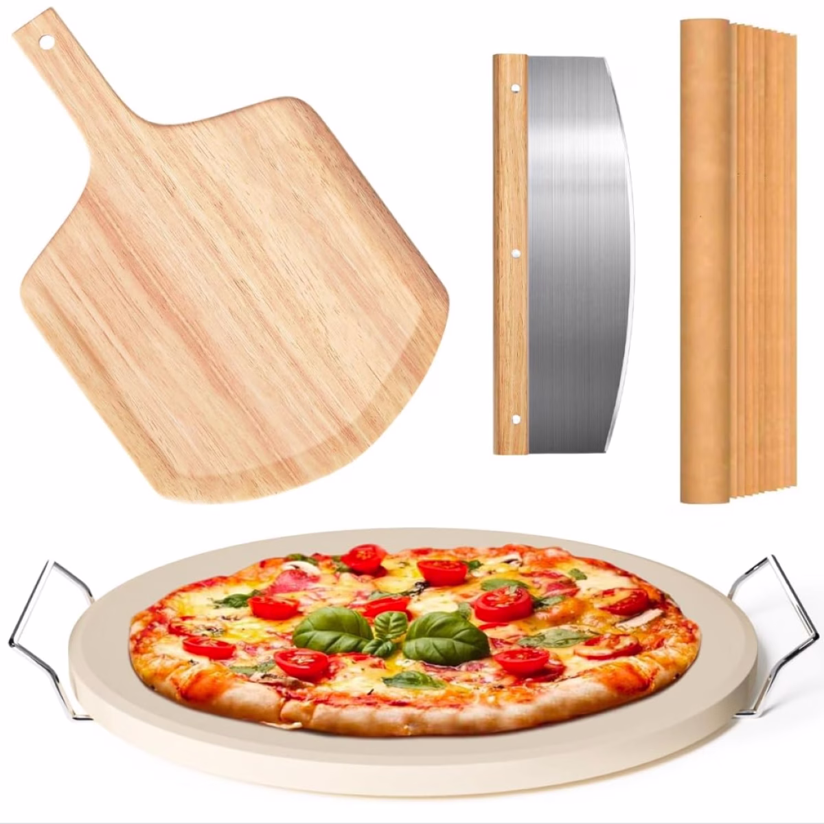 A pizza with a wooden cutting board, pizza cutter and pizza stone