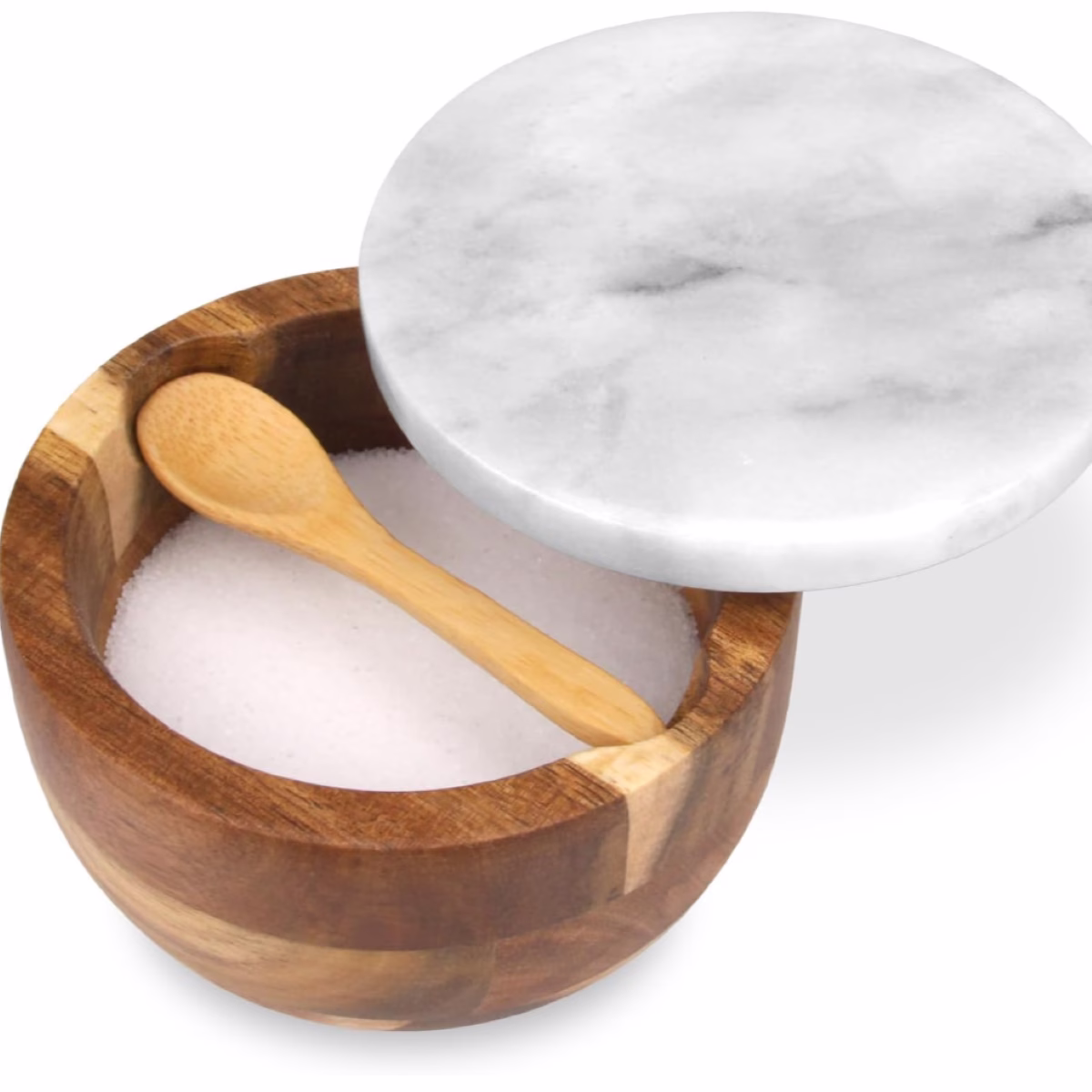 Marble salt and pepper shaker with wooden spoon