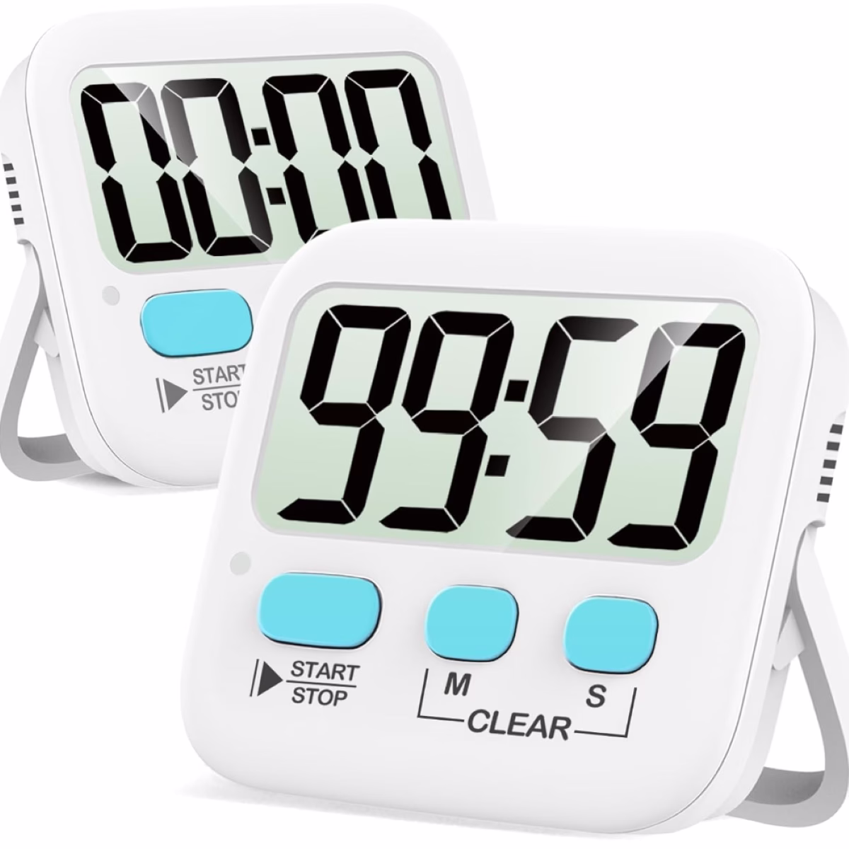 Two digital clocks with blue numbers on them