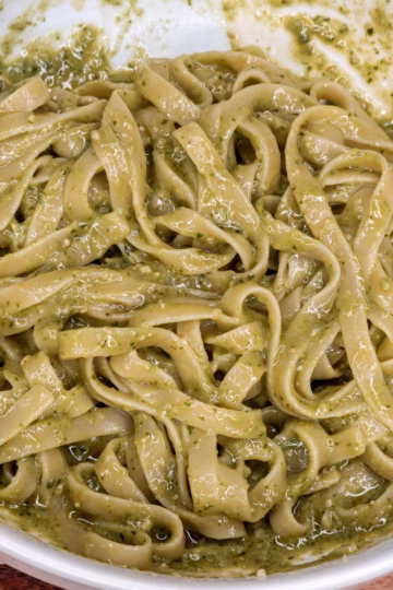 Pesto pasta in a bowl.