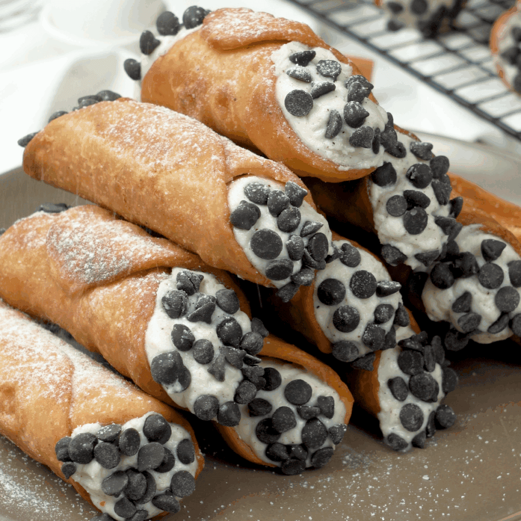 Chocolate chip Classic Sicilian Cannoli with creamy filling and crispy pastry shell. An authentic Italian dessert perfect for special occasions.