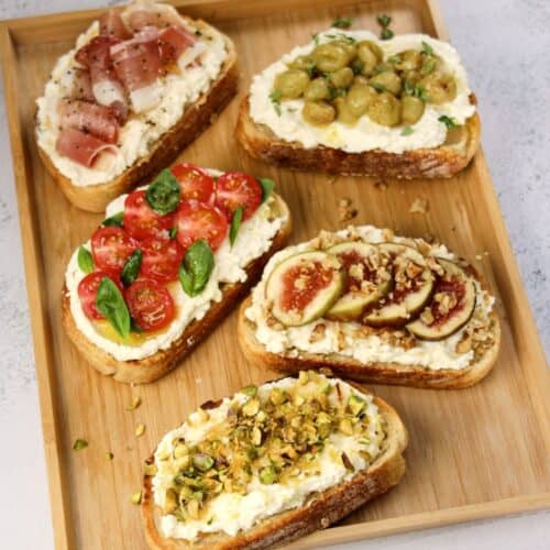 Delicious Italian Ricotta Toast varieties with fresh tomatoes, figs, and nuts.