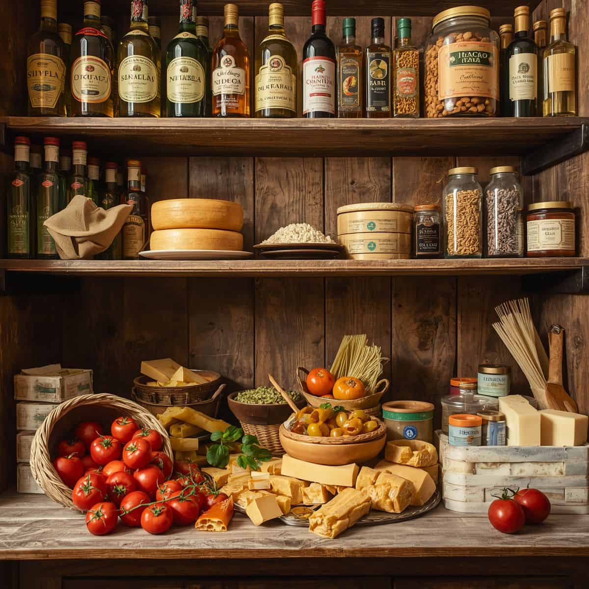 Authentic Italian cooking ingredients including tomatoes, cheeses, and herbs for delicious recipes.